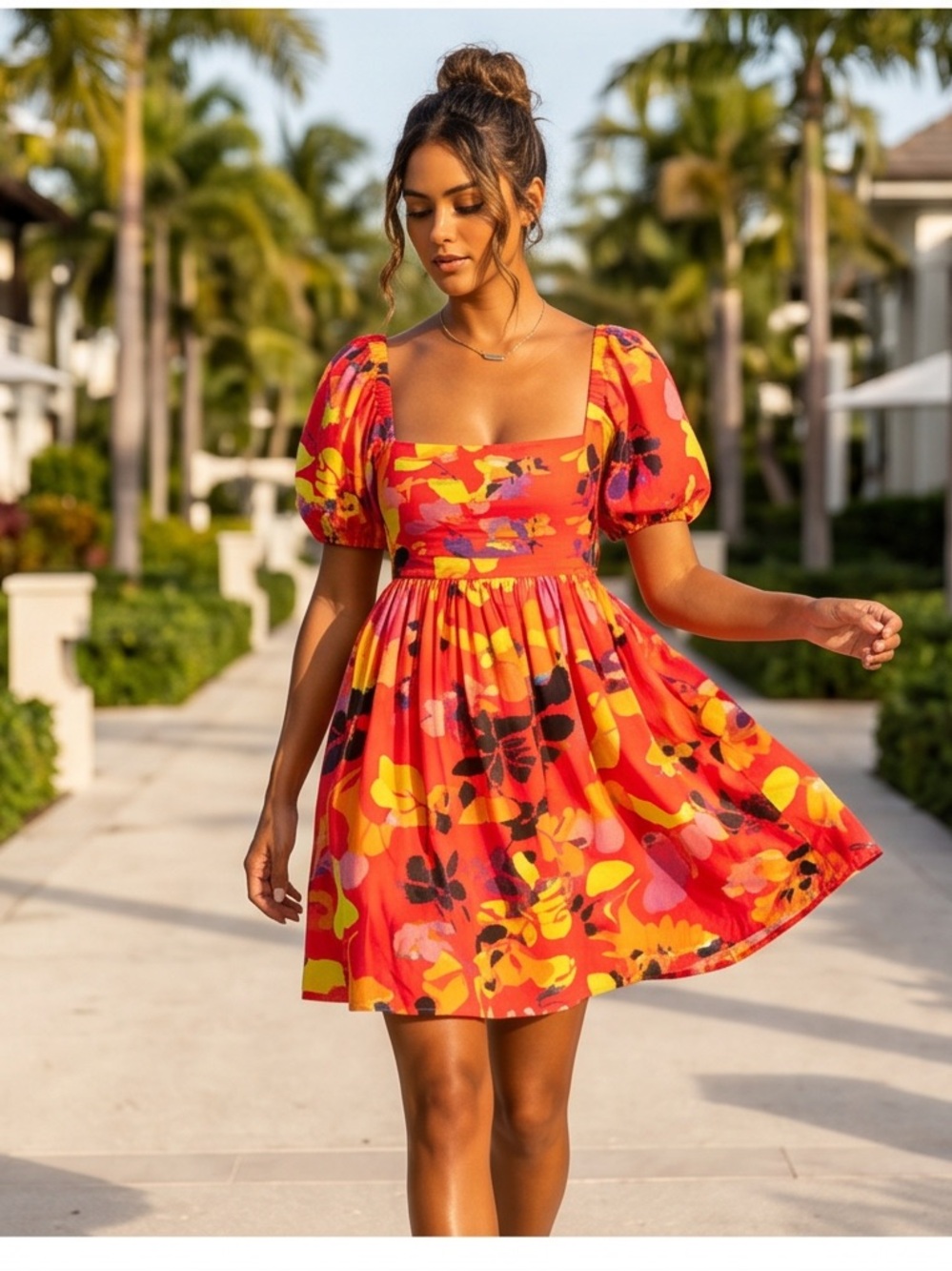 Mulla Floral Red Puff-Sleeve Square Neck Mini Dress size small